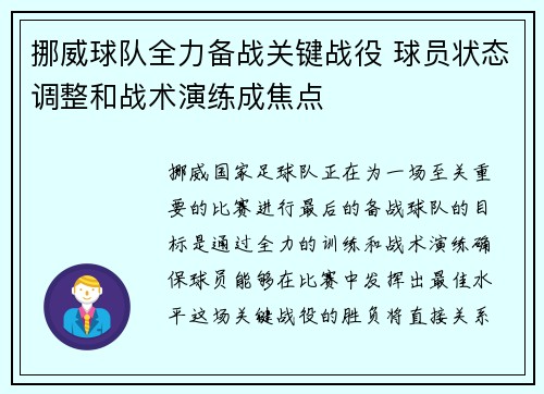 挪威球队全力备战关键战役 球员状态调整和战术演练成焦点