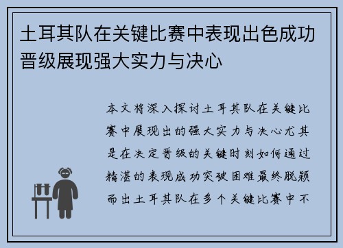 土耳其队在关键比赛中表现出色成功晋级展现强大实力与决心
