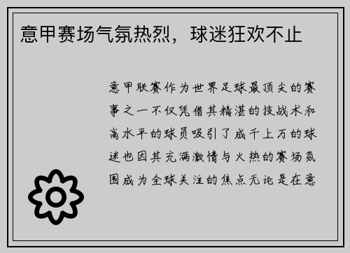意甲赛场气氛热烈，球迷狂欢不止