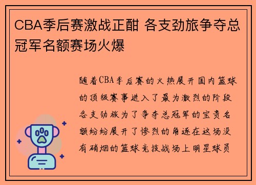 CBA季后赛激战正酣 各支劲旅争夺总冠军名额赛场火爆