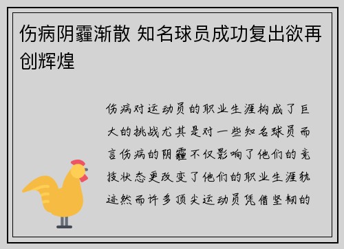 伤病阴霾渐散 知名球员成功复出欲再创辉煌