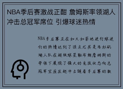 NBA季后赛激战正酣 詹姆斯率领湖人冲击总冠军席位 引爆球迷热情